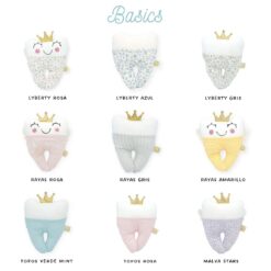 Cojínes guarda dientes Ratoncito Pérez. Tiene forma de Muela con corona, cara sonriente y con un bolsillo de telas divertidas. Es la colección de diseños Básicos