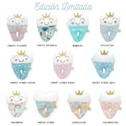 Cojín guarda dientes Ratoncito Pérez. Tiene forma de Muela con corona, cara sonriente y con un bolsillo de telas divertidas. Es la colección de diseños Limitados.