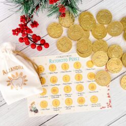 Colección 20 monedas de dibujos diferentes del Ratoncito Pérez doradas mágicas con la Carta Personalizada y la bolsa blanca y dorada para guardar las monedas con el nombre de una niña personalizado